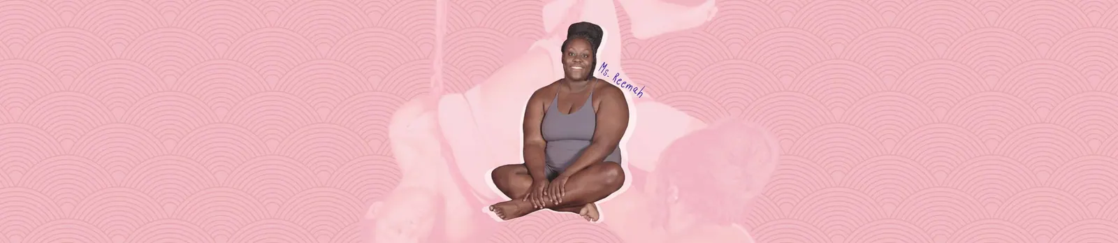 Ms. Reemah sitting in a mauve outfit against a pink patterned background.