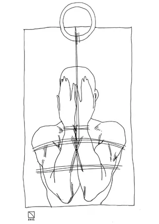 Line diagram showing rope placement on a person's torso viewed from above.