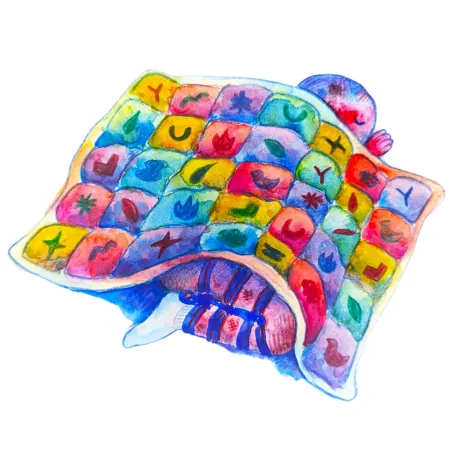 Illustration of a figure with colorful patchwork squares and rope binding.