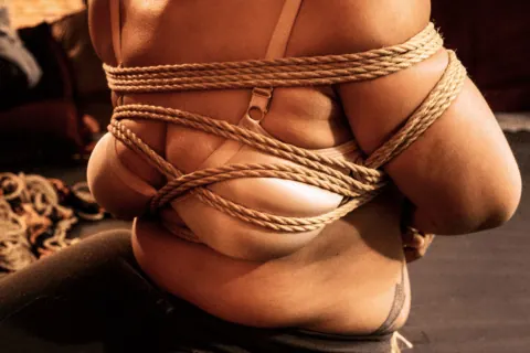 A person bound with shibari rope in an artistic pose.