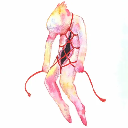 A colorful illustration of someone seemingly stitching themself together with shibari rope.