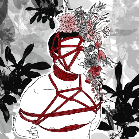 An illustration of someone tied in red ropes with flowers decorating their head and plants in the background.