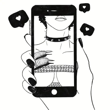 An illustration of a hand holding a phone displaying an image of someone with shibari ropes across their breasts and 'heart' icons around the phone.