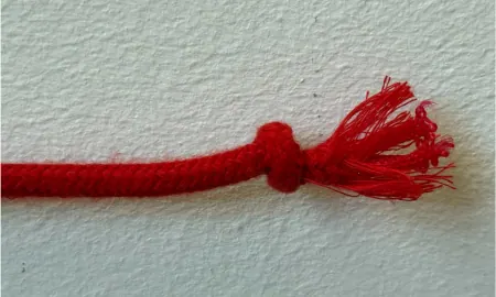 A red rope with a frayed knot end on a white background.
