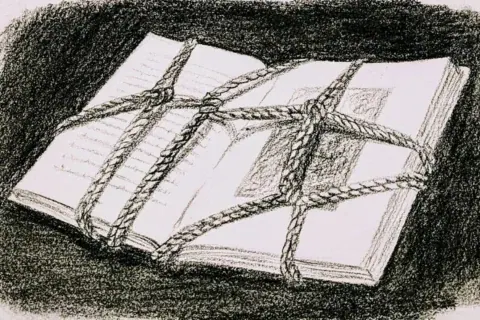 An illustrated open book with rope tied across its pages in a sketch-style drawing.