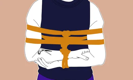 An illustration of a person wearing a rope harness with yellow rope against a red gridded background.