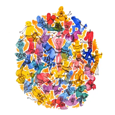 An illustration of a group of people engaged in rope activities.
