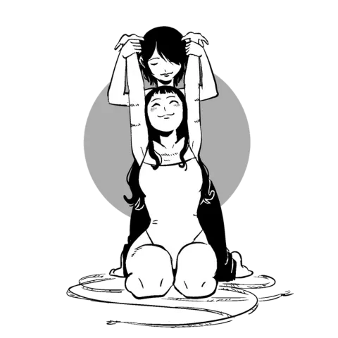 Two people illustrated playfully interacting with rope wrapped around their heads.