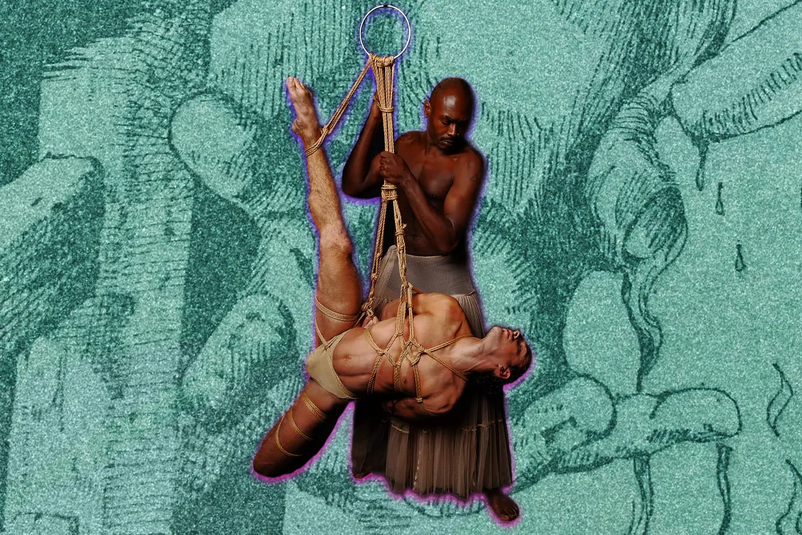 man suspends another man in rope bondage on a teal, textured background with sketch-like elements