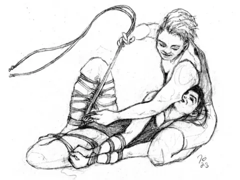 Hand-drawn sketch of two people with one person tying rope on another person.