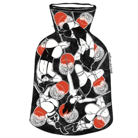 Two people illustrated with one securing a rope chest harness on the other against red background.