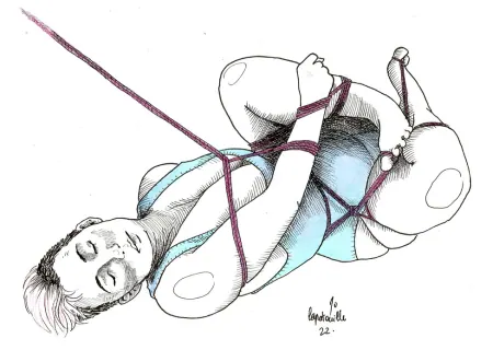 Illustration of a person lying down suspended in rope with blue and pink accents.