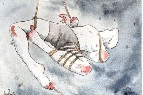 A watercolor figure suspended by rope around the legs and torso with rope anchor points above.