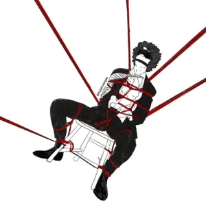 An illustrated figure suspended in rope harness with dynamic line work.