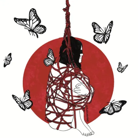 Illustration of a person suspended in red rope with decorative butterflies surrounding them.