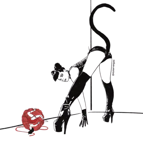 An illustrated figure suspended in rope bondage.