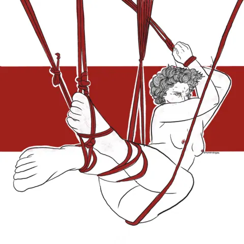 Illustration of a person suspended from an overhead attachment in red rope.