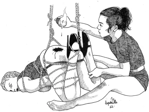 Hand-drawn illustration of one person suspended by rope and another managing the suspension.