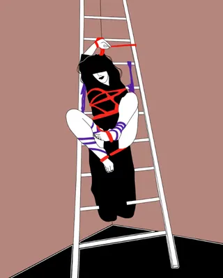 Illustration of a person suspended with rope on a ladder.