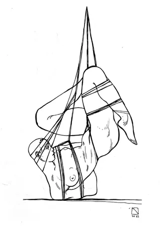 Line drawing of a person in suspension with rope pattern across the torso.
