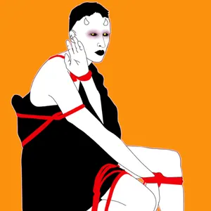 An illustration of a person in suspension rope bondage.