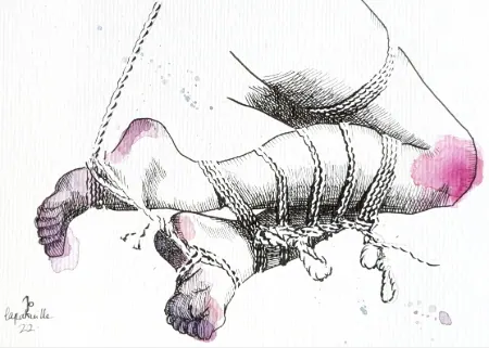 Ink illustration of two legs decoratively bound together.