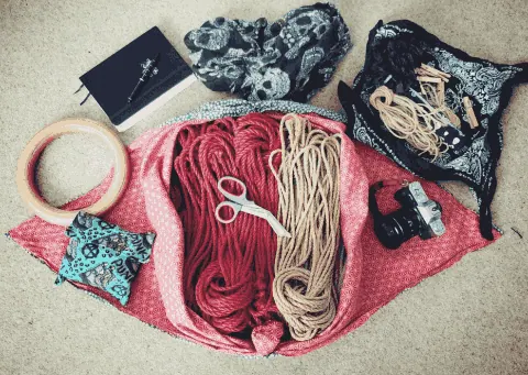 Rope and bondage gear collection displayed with multiple rope colors.