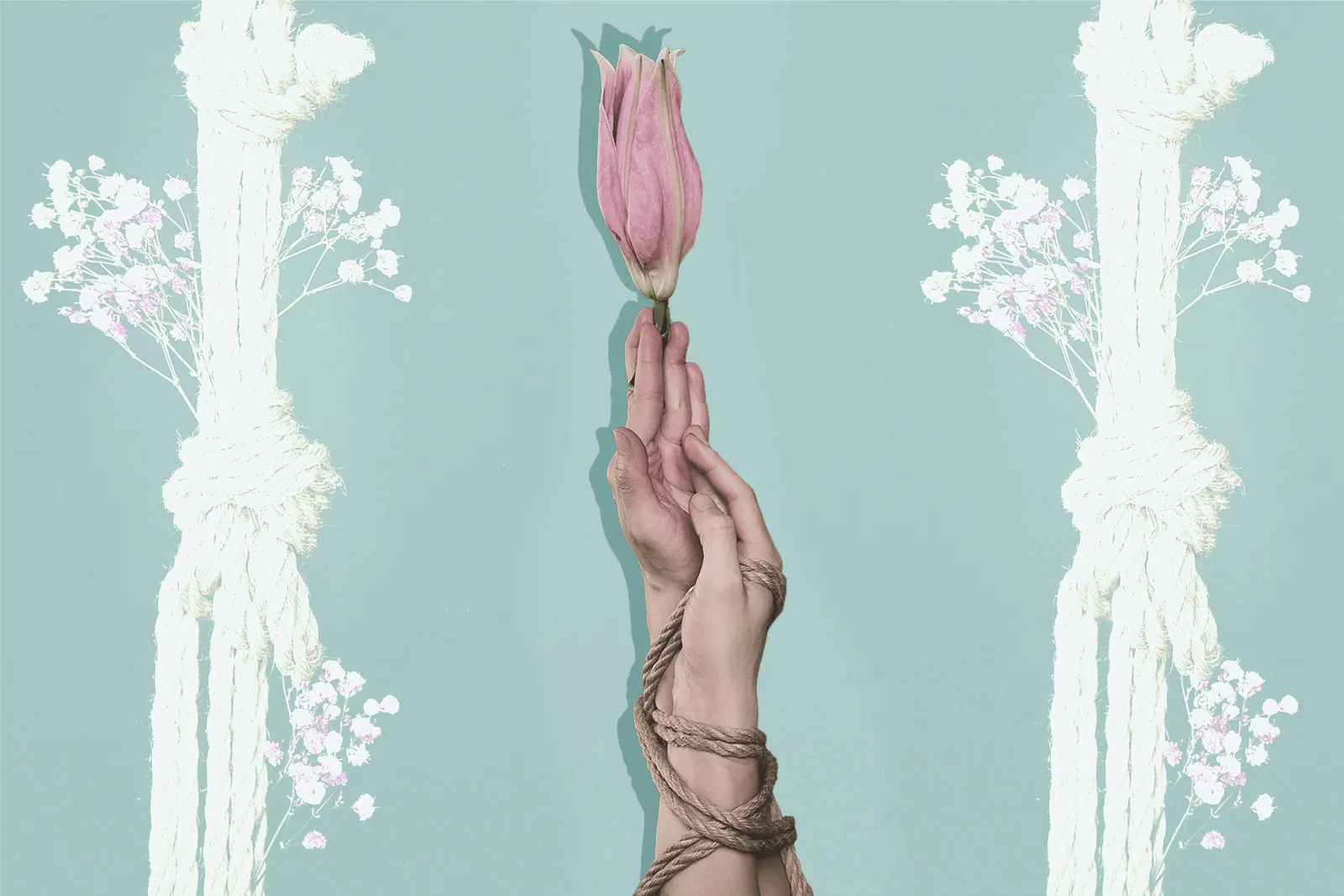 tied hands wrapped around a pink flower against a green background with more rope and flowers.