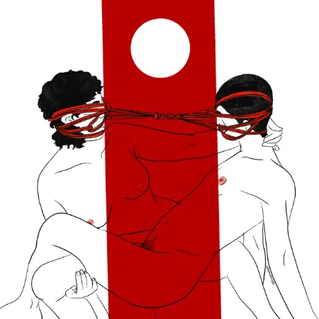 An intimate black and red illustration of two people tied together by their heads.