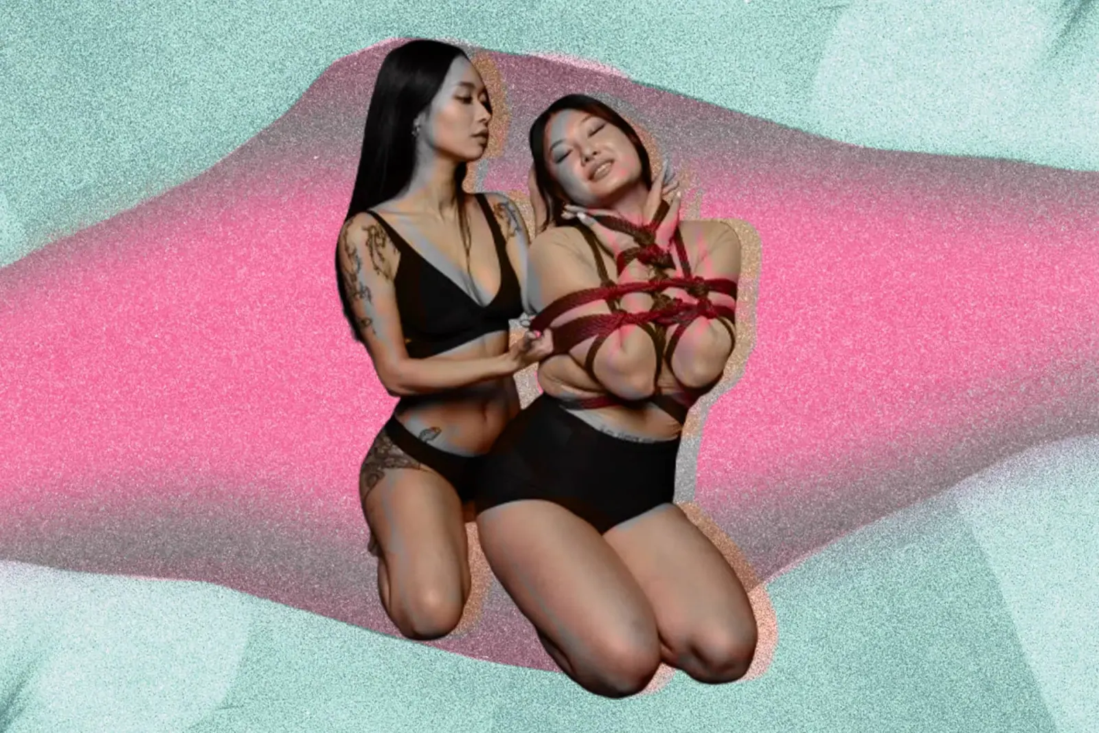 Two women in black lingerie tying shibari, against a pastel green and pink abstract background.