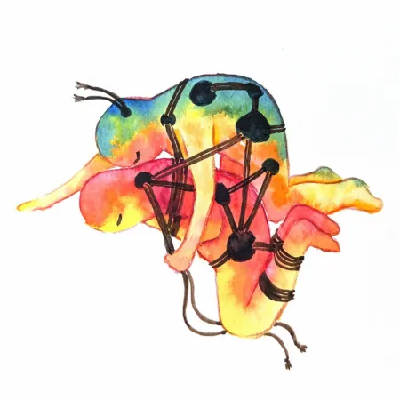 A watercolor illustration depicting figures in a rope bondage scene.