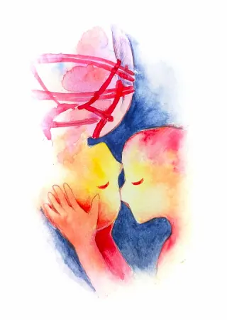 Watercolor illustration of hands holding rope in a tender gesture.