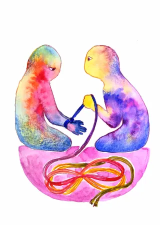 Watercolor illustration of two figures connected by colorful rope.