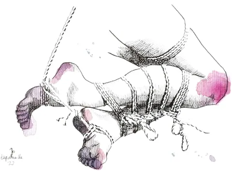 Hand-drawn diagram of rope wrapping technique with technical annotations.